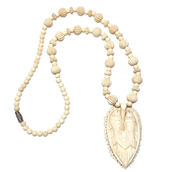 Vintage Carved Bovine Bone Pendant Fish Necklace Beaded Handmade Artisan Tribal - Picture 1 of 15